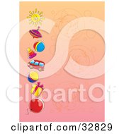 Poster, Art Print Of Gradient Background With Faded Portraits Of Girls And A Boy And A Border Of Toys And A Sun