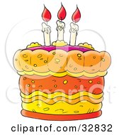Poster, Art Print Of Birthday Cake With Three Lit Candles With Red Flames On Top