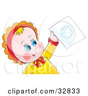 Poster, Art Print Of Cute Blue Eyed Baby Holding Up A Hand Print On A Piece Of Paper