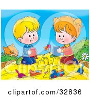 Poster, Art Print Of Curious Cat Watching A Boy And Girl Making Sand Castles With Buckets In A Sand Box