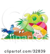 Poster, Art Print Of Little Blond Boy Watching Alligators Hippos And Birds In A Zoo