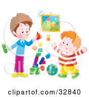 Clipart Illustration Of A Boy Pouting After His Hyper Friend Or Brother Knocks Over His Tower Of Blocks