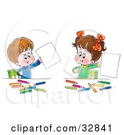 Poster, Art Print Of Little Boy And His Sister Proudly Holding Up Their Artwork While Coloring At A Table
