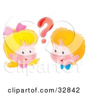 Poster, Art Print Of Curious Boy And Girl With A Red Question Mark Between Their Heads