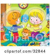 Poster, Art Print Of Cat Watching A Brother And Sister Play With A Balloon
