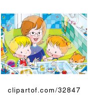 Poster, Art Print Of Mom Bending Down To Help A Boy And Girl Clean Themselves Up In A Bathroom