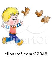 Poster, Art Print Of Blond Boy Running Behind Three Brown Birds