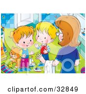 Poster, Art Print Of Mom Instructing Her Two Little Children To Clean Up The Messy Bathroom