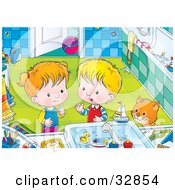Poster, Art Print Of Cat Watching A Boy And Girl Playing With Toys In A Bathroom Sink