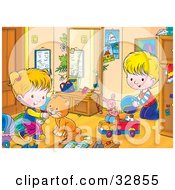 Poster, Art Print Of Cat Playing With A Boy In A Girl In Their Room