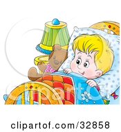 Poster, Art Print Of Happy Boy Tucked In Bed With His Teddy Bear