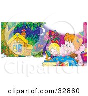 Poster, Art Print Of Little Girl Cuddling In Bed With Her Teddy Bear A Doll Dreaming Of A Cute Little Cabin