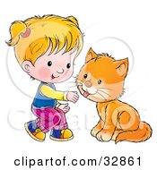 Poster, Art Print Of Little Blond Girl Crouching To Pet A Cat