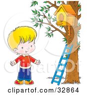 Poster, Art Print Of Happy Blond Boy Standing By A Ladder Leaning Against A Tree Under A Bird House