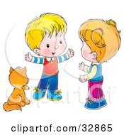 Clipart Illustration Of A Cat Seated By A Little Boy Talking To A Girl