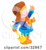 Poster, Art Print Of Happy Boy Dressed In Winter Clothing Waving And Holding A Shovel