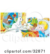 Poster, Art Print Of White And Brown Ferrets Leaping Through A Window Watching A Boy Wake Up In Bed