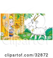 Poster, Art Print Of Boy And His Cat Peeking Out A Front Door Looking At A Goat