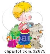 Poster, Art Print Of Little Blond Boy Taking Pictures With A Camera His Dog At His Side