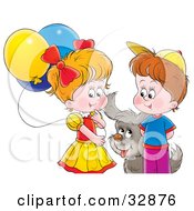 Poster, Art Print Of Puppy Playing With A Boy And Girl With Balloons
