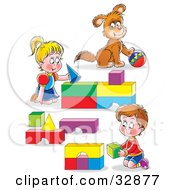 Poster, Art Print Of Boy And Girl Brother And Sister And Their Puppy Playing With Blocks And A Ball