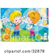 Poster, Art Print Of Happy Boy Talking With His Sister While Standing By A Cat Kin A Bathroom