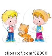 Poster, Art Print Of Grooming Cat Between A Little Boy And Girl