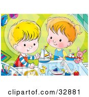 Poster, Art Print Of Boy And Girl Playing With Bath Toys In A Sink