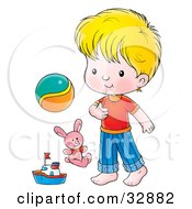 Poster, Art Print Of Cute Little Boy Standing With A Ball Stuffed Animal And Boat