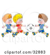 Poster, Art Print Of Three Little Boys Running Towards A Soccer Ball During A Game