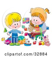 Clipart Illustration Of A Little Boy And His Sister Playing With Toys In A Nursery Room by Alex Bannykh