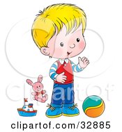 Poster, Art Print Of Blond Boy Playing With A Ball Stuffed Animal And Boat