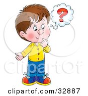 Poster, Art Print Of Curious Little Boy Touching His Chin While Thinking