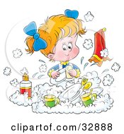 Poster, Art Print Of Little Blond Girl Happily Washing Dishes In A Soapy Kitchen Sink
