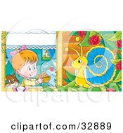 Poster, Art Print Of Cute Girl And Cat Holding A Cake Out To A Snail In A Raspberry Bush