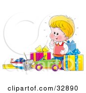 Poster, Art Print Of Little Blond Boy Excited Over His New Toys And Unwrapped Birthday Presents