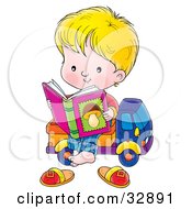 Poster, Art Print Of Blond Boy Sitting On A Toy Truck Reading A Book About Mushrooms