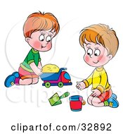 Poster, Art Print Of Two Little Boys Playing With A Bucket And Toy Truck
