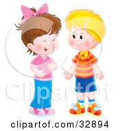 Poster, Art Print Of Little Girl Giggling While Talking To A Boy