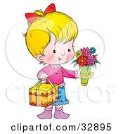 Sweet Little Girl Carrying Flowers And A Gift On Mothers Day