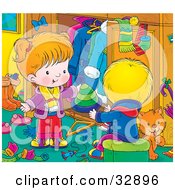 Poster, Art Print Of Grooming Orange Cat In A Room With A Little Boy In Girl As They Go Through Their Winter Clothes