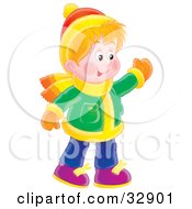 Friendly Boy In Winter Clothes Waving At Friends