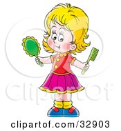 Poster, Art Print Of Blond Girl Holding A Hand Mirror And Comb
