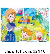 Poster, Art Print Of Cat And Two Kids Getting Help From Mom In A Bathroom
