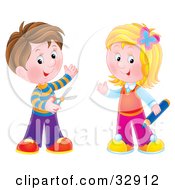 Poster, Art Print Of Brunette Boy Holding Scissors Standing With A Blond Girl Holding A Colored Pencil
