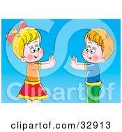 Poster, Art Print Of Boy And Girl Playing Pat A Cake Over A Blue Background