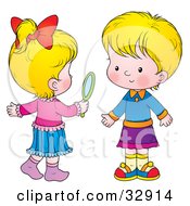 Two Little Blond Girls One Holding A Hand Mirror