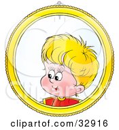 Clipart Illustration Of A Circular Portrait Of A Blond Boy With A Yellow Frame