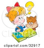 Poster, Art Print Of Cat Watching A Little Blond Girl Do Her Homework