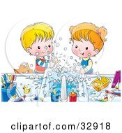 Poster, Art Print Of Brother And Sister Making A Mess While Washing Their Hands With Soap A Cat Peeking Over The Counter